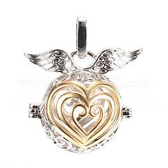 Rack Plating Brass Cage Pendants, Nickel Free, For Chime Ball Pendant Necklaces Making, Hollow Round & Heart, Platinum & Golden, 27x30x20mm, Hole: 3x7mm, inner measure: 18mm