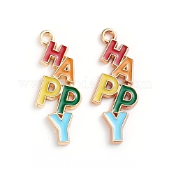 Alloy Enamel Pendants, with Word HAPPY, Light Gold, Colorful, 29x11.2x1.8mm, Hole: 1.6mm