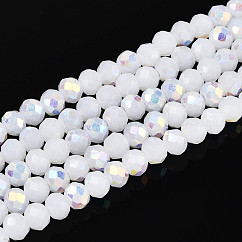 AB Color Plated Opaque Glass Rondelle Beads Strands, Faceted, White, 4.5x3.5mm, Hole: 0.7~1mm, about 108~116pcs/strand, 14.76~16.73''(37.5~42.5cm)