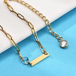 304ステンレススチールペーパークリップチェーンブレスレット  女性用・男性用長方形リンクブレスレット  キュービックジルコニア付き  18KGP本金メッキ  ライトスカイブルー  6-3/8インチ（16.1cm）&nbsp;BJEW-A035-04G-01