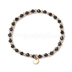 ガラスビーズストレッチブレスレット  ロンデル  真鍮のビーズで  ブラック  内径：3-1/2インチ（9cm）&nbsp;BJEW-JB11416-01