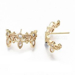 真鍮マイクロペーブクリアキュービックジルコニアスタッドピアス  ニッケルフリー  クラウン  18KGP本金メッキ  9.5x18mm  ピン：0.7mm&nbsp;KK-T062-42G-NF