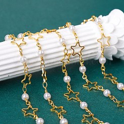 真鍮手作りビーズチェーン  丸いガラスビーズ  長持ちメッキ  ハンダ付け  スター  18KGP本金メッキ  リンク：4x2x0.3mm  星：8x8x1mm  ラウンド：13x4mm  2 M /箱&nbsp;CHC-SZ0001-20