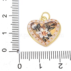 プリントブラスペンダント  花のチャーム付きハート  ゴールドカラー  ブラウン  16.5x17x3mm  穴：3.5mm&nbsp;KK-CBA8989-02D