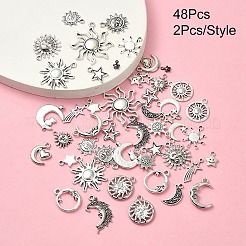 48 個 24 スタイルのチベットスタイル合金ペンダント太陽/星/月  ミックスカラー  7~28.5x5~23x2mm  穴：1~2mm  2個/スタイル&nbsp;DIY-YW0008-84