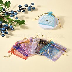 50個 10色 金箔押し 月と星 オーガンジー 巾着 ギフト収納バッグ  長方形  ミックスカラー  9x7cm  5個/カラー&nbsp;ABAG-FS0001-11
