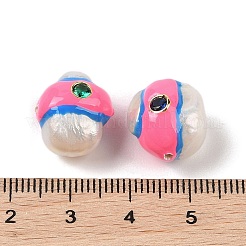 キュービックジルコニアエナメルビーズ付き天然ケシパール  手描きのビーズ  ナゲット  ショッキングピンク  12~16x12~15x12~15mm  穴：1mm&nbsp;PEAR-G014-06A