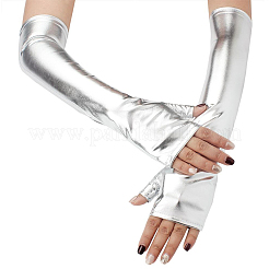 ポリエステル製ロング指なし手袋  女性用コスチュームコスプレ用メタリックグローブ  銀  415x110x1.5mm&nbsp;AJEW-WH20018-117A