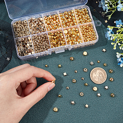 1240個10スタイルccbプラスチックビーズ  多面カット  ラウンド＆ロンデル＆そろばん＆双円錐＆キューブ＆スター＆フラワー  ゴールドカラー  3.5~6.5x2~5mm  穴：1~1.8mm  1290個/箱&nbsp;CCB-CA0001-07
