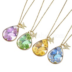 Transparent Epoxy Resin Teardrop & Brass Micro Pave Clear Cubic Zirconia Butterfly Pendant 304 Stainless Steel Cable Chain Necklaces for Women&nbsp;NJEW-JN06288