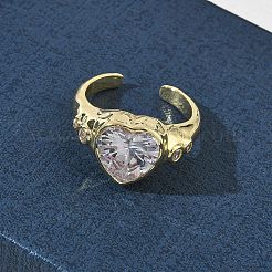 真鍮製パヴェキュービックジルコニアカフオープンリング（女性用）  ハート  ガラスと  長持ちメッキ  ラックめっき  18KGP本金メッキ  透明  11mm  usサイズ7 3/4(17.9mm)&nbsp;RJEW-L343-08G-01