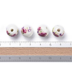 花柄プリントの磁器ビーズ  花柄のセラミック製丸ビーズ  パープル  直径約12mm  穴：2.5mm&nbsp;X-CFF042Y
