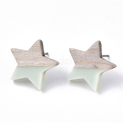 樹脂と木のスタッドピアス  304ステンレスピン付き  スター  アクアマリン  17x18mm  ピン：0.7mm&nbsp;EJEW-N017-001A-C03