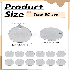 304ステンレススチールチャーム80個  空白のスタンピングタグ  フラットラウンド  ステンレス鋼色  12x1mm  穴：1.2~1.4mm&nbsp;STAS-LP0002-86