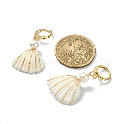天然シェル＆シェルパールダングルフレンチフックピアス  真鍮ワイヤーラップドロップイヤリング  16KGP本金メッキ  42~45x21~23.5mm&nbsp;EJEW-TA00277