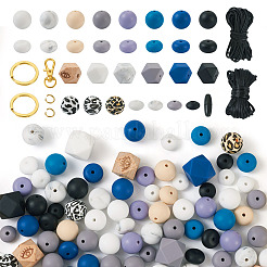 DIY ビーズ キーホルダー ブレスレット メイキング キット  合金分割キーリングとクラスプを含む  プラスチックの留め金  シリコン＆ウッドヨーロピアンビーズ  目と六角形と丸のある八角形  ミックスカラー&nbsp;DIY-TA0004-23