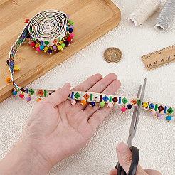 2ヤードの菱形模様のヴィンテージジャカードポリエステルリボン  ポンポントリムボールフリンジ刺繍織りリボン  ホワイト  7/8インチ（23mm）&nbsp;OCOR-PH0007-12B