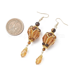 Teardrop Natural Tiger Eye & Glass Beaded Dangle Earrings&nbsp;EJEW-MZ00686-01