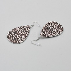 人工皮革のティアドロップ型ダングルイヤリング  プラチナ  ココナッツブラウン  78.5x38mm&nbsp;EJEW-WH0817-003G