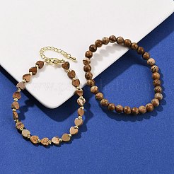 天然・合成混合宝石ビーズブレスレットセット（女性用）  ハート＆ラウンド  真鍮のビーズで  18KGP本金メッキ  長持ちメッキ  ラックめっき  内径: 2-1/8 インチ (5.5 センチメートル) & 7-1/4 インチ (18.5 センチメートル)&nbsp;BJEW-G752-02G
