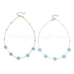 2Pcs 2 Colors Brass & Faceted Round Glass Beaded Flower Link Chain Necklaces&nbsp;NJEW-JN05296