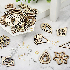 DIY中空イヤリング作成キット  涙滴、凧、花、菱形、三角の木製ペンダントを含む  真鍮のピアスフックと丸カン  バリーウッド  146個/箱&nbsp;DIY-TA0005-55