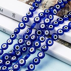 手作りナザールボンジュウランプワークフラットラウンドビーズ連売り  ブルー  8x3.2mm  穴：1mm  約49個/連  14.56インチ&nbsp;X-LAMP-L058-8mm-04