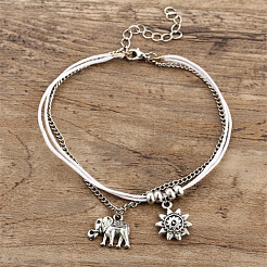 Sun & Elephant Alloy Charm Waxed Cord Double Layer Anklets for Women&nbsp;FS-WG1794C-01