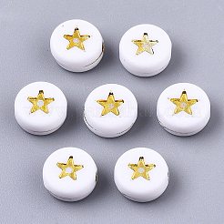 不透明なアクリルビーズ  スターとフラットラウンド  ホワイト  黄金メッキ  7x4mm  穴：1.5mm  約3600個/500g&nbsp;PACR-N006-006A-01A