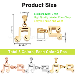 9個3色304ステンレスペンダント  手動研磨  音符  ゴーレン＆ステンレススチールカラー＆ローズゴールド  15x12x3.5mm  穴：6x2.5mm  3個/カラー&nbsp;STAS-DC0007-27