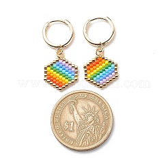 Rainbow Color Japanese Seed Braided Hexagon Dangle Hoop Earrings&nbsp;EJEW-MZ00005