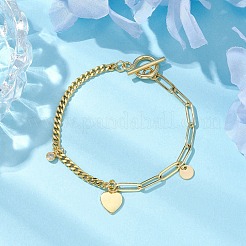 Brass Clear Cubic Zirconia Flat Round & Heart Charm Bracelets&nbsp;BJEW-JB10396