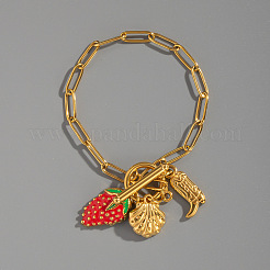 Ocean 304 Stainless Steel Enamel Strawberry Shell Shape Charm Paperclip Chain Bracelets with OT Clasps&nbsp;VA6795