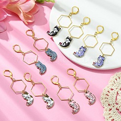ラックメッキ合金猫ダングルレバーバックダングルイヤリング  ゴールドブラスロングドロップイヤリング  ミックスカラー  66x19.5mm&nbsp;EJEW-JE05502