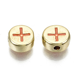 合金エナメルビーズ  カドミウムフリー＆鉛フリー  クロスとフラットラウンド  ライトゴールド  サンゴ  8x4mm  穴：1.5mm&nbsp;X-ENAM-S122-032-RS