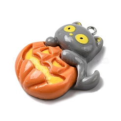 ハロウィン不透明樹脂ペンダント  カボチャと猫  プラチナ鉄ループ付き  グレー  34.5x27.5x8.5mm  穴：1.8mm&nbsp;CRES-D322-01P