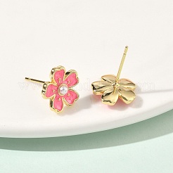 フラワー真鍮＆ABSプラスチックパールスタッドピアス  エナメル  カドミウムフリー＆鉛フリー  長持ちメッキ  ラックめっき  18KGP本金メッキ  サクランボ色  12.5x13mm&nbsp;EJEW-P336-07G-07