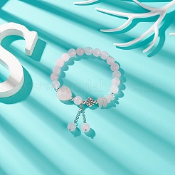 天然ローズクォーツ ラウンド＆ハート＆チップスビーズ ストレッチブレスレット  女性のためのタッセルチャーム付き合金フラワービーズ調節可能なブレスレット  内径：2インチ（5.1cm）&nbsp;BJEW-TA00194