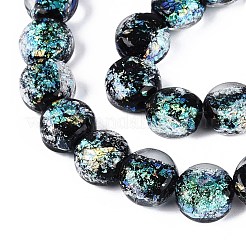 手作りの箔ガラスビーズ連売り  フラットラウンド  ダークターコイズ  10.5x5~7mm  穴：1~1.6mm  約40個/連  16.34~17.13インチ（41.5~43.5cm）&nbsp;FOIL-Q002-03B