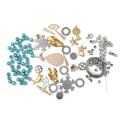 DIY ステンレス スチール 金具 & スチール ワイヤー & 真鍮ビーズ & アクリル ビーズ キット  ダークターコイズ  8~35x6~26.5x1~5.5mm  穴：1.2~2.6mm&nbsp;DIY-XCP0003-25