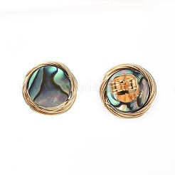 アワビシェル/パウアシェルスタッドピアス  銅線と  真鍮製のスタッドピアスのパーツとピアスキャッチ  厚紙梱包箱付き  フラットラウンド  ゴールドカラー  11mm  ピン：0.7mm&nbsp;EJEW-JE03864-02