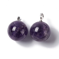 天然石アメジストペンダント  プラチナトーンの真鍮パーツ  丸いチャーム  22x18mm  穴：3x6mm&nbsp;G-G926-02P-05