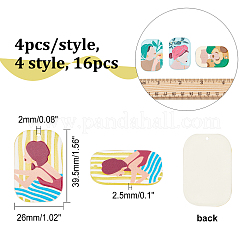 16個4スタイル3Dプリントアクリルパーツ  グリッターパウダー付き  女性と長方形  ミックスカラー  39.5x26x2.5mm  穴：2mm  4個/スタイル&nbsp;OACR-CA0001-18
