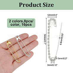 クリスタルラインストーン付き安全ピン16個、2色  衣類用バックパック  ゴールデン＆シルバー  54x12x5mm  8個/カラー&nbsp;JEWB-AR0001-25