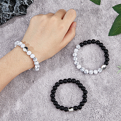 3Pcs 3 Styles Natural Howlite & Frosted Black Stone Beaded Stretch Bracelets Set&nbsp;BJEW-FI0001-21