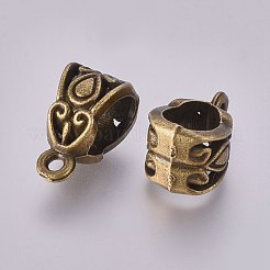 チベットスタイルの亜鉛合金チューブベイル  ループベイル  スカーフ保釈ビーズ  カドミウムフリー＆ニッケルフリー＆鉛フリー  アンティークブロンズ  13.5x8x8.5mm  穴：2mm  内径：6mm  約980個/1000g&nbsp;TIBE-Q034-AB-NR