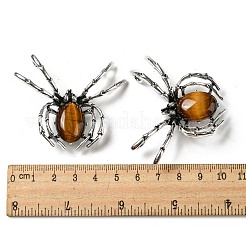 両用アイテム合金ブローチ  天然タイガーアイとラインストーン付き  クモ  46x54x12mm  穴：4x3.5mm&nbsp;JEWB-C026-06H-AS