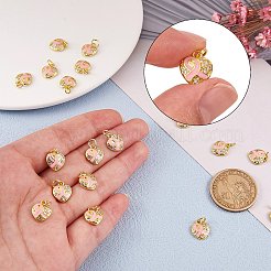 20個真鍮製マイクロパヴェクリアキュービックジルコニアチャーム  丸カン付き  18KGP本金メッキ  意識のリボンとハート  パールピンク  11.5x10x2.5mm  穴：3.5mm&nbsp;KK-SZ0004-72