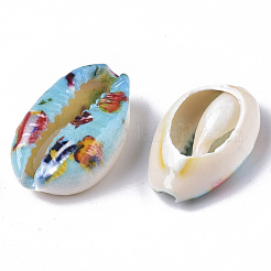 プリントされた天然のカウリーシェルビーズ  穴なし/ドリルなし  花柄  ライトスカイブルー  18~25x12~15x7mm&nbsp;X-SSHEL-R047-01-C01