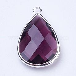 シルバーカラーメッキ真鍮ガラスティアドロップペンダント  多面カット  パープル  18x10x5mm  穴：2mm&nbsp;GLAA-M006-A-06S